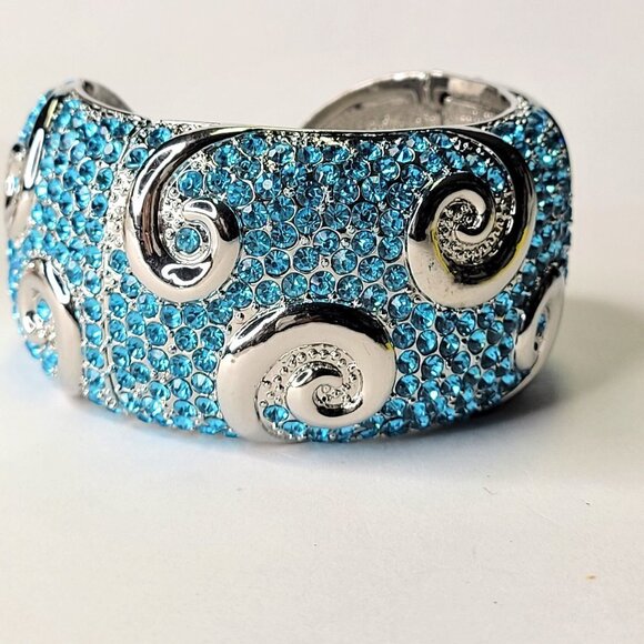 Sparkling Blue and Silver tone Cuff Bangle Bracelet - Picture 5 of 15